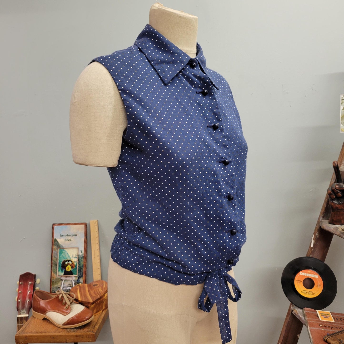 vtg 70s POLKA DOT BLOUSE / vintage sleeveless top david crystal fashion size 14 large women’s semi sheer tie waist belted retro autumn style