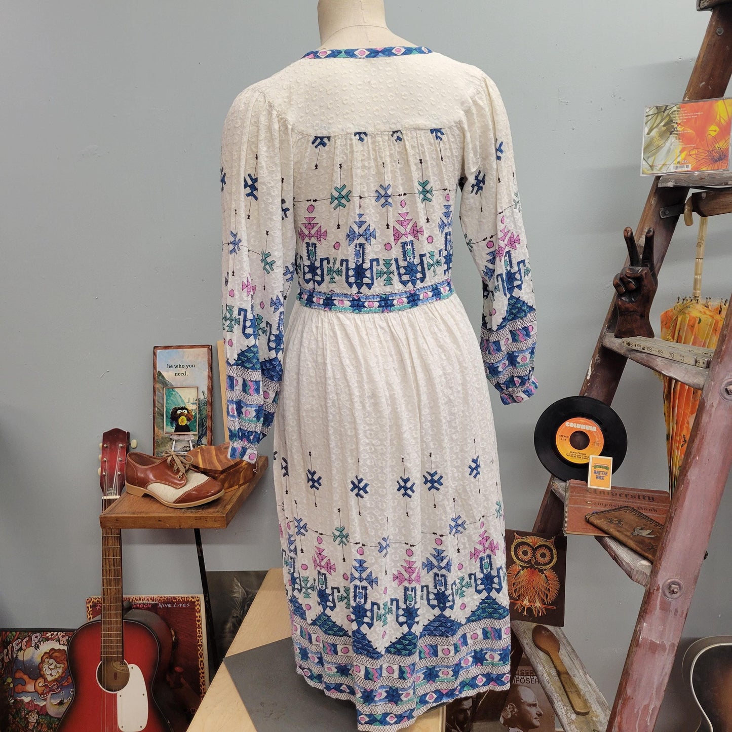 vtg 70s PATTERNED RAYON DRESS // vintage nandans small Indian rayon abstract geometric flowy winter ice queen whimsical hippie boho retro