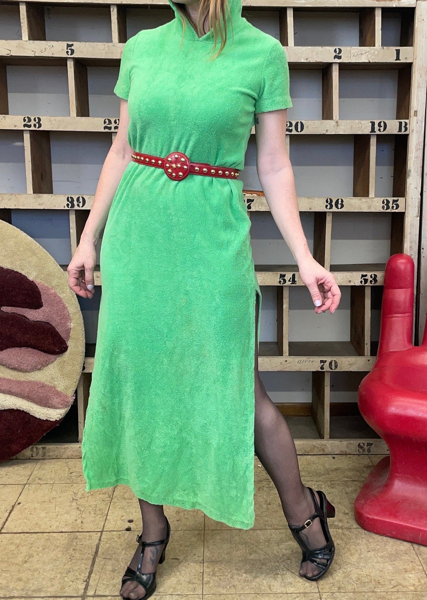 vtg 70s HOODED TERRYCLOTH DRESS // vintage bright green