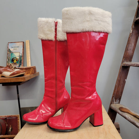 vtg Y2K LEATHER SANTA BOOTS // vintage sexy heels christmas mrs clause costume knee highs fur trim vinyl holiday party cosplay kinky boots