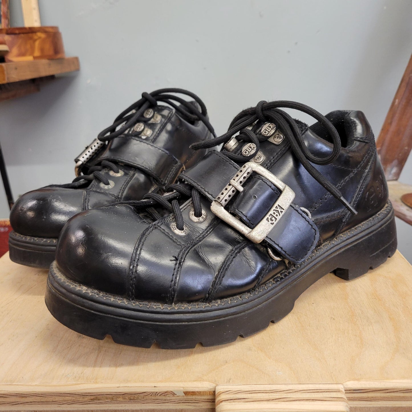 vtg 90s LEATHER BUCKLE Shoes // vintage GBX mens 12 usa dr martens style industrial goth chunky platform combat matrix style y2k alternative
