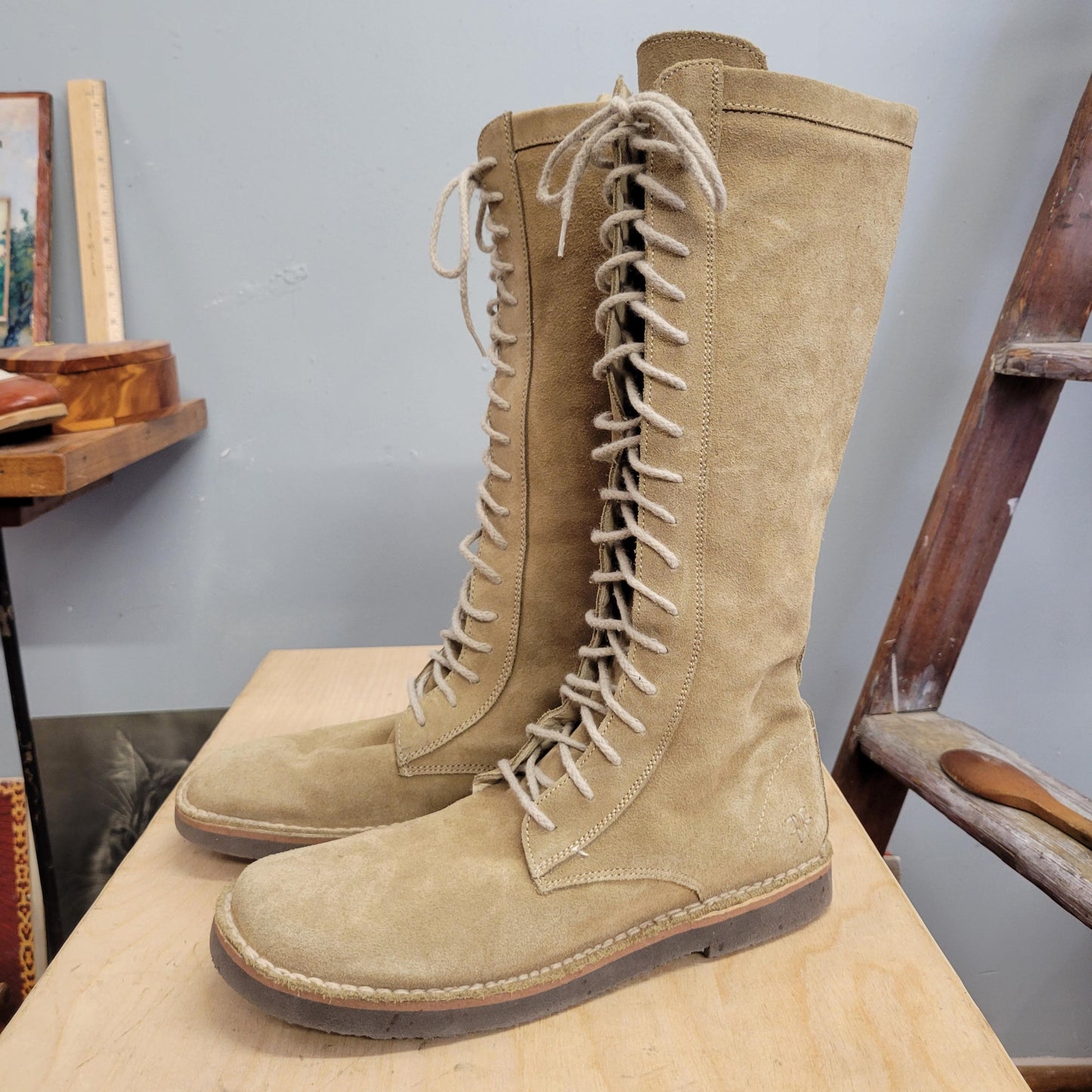 vtg 90s FRYE SUEDE BOOTS// vintage size 10 womens leather uggs style knee high lace up moccasin style hippie autumn winter fashion calf high