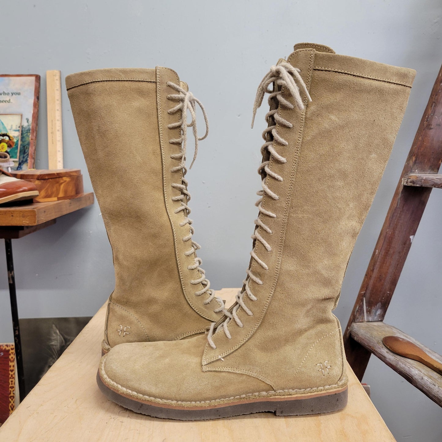 vtg 90s FRYE SUEDE BOOTS// vintage size 10 womens leather uggs style knee high lace up moccasin style hippie autumn winter fashion calf high