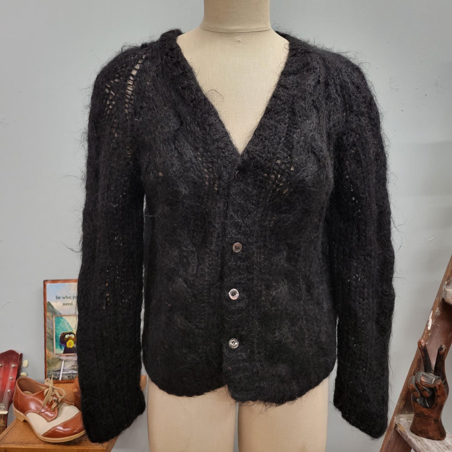 vtg 50s BLACK MOHAIR CARDIGAN // vintage knit sweater donaldsons golden rule medium cable knit chunky crochet shaggy button up fall sweater