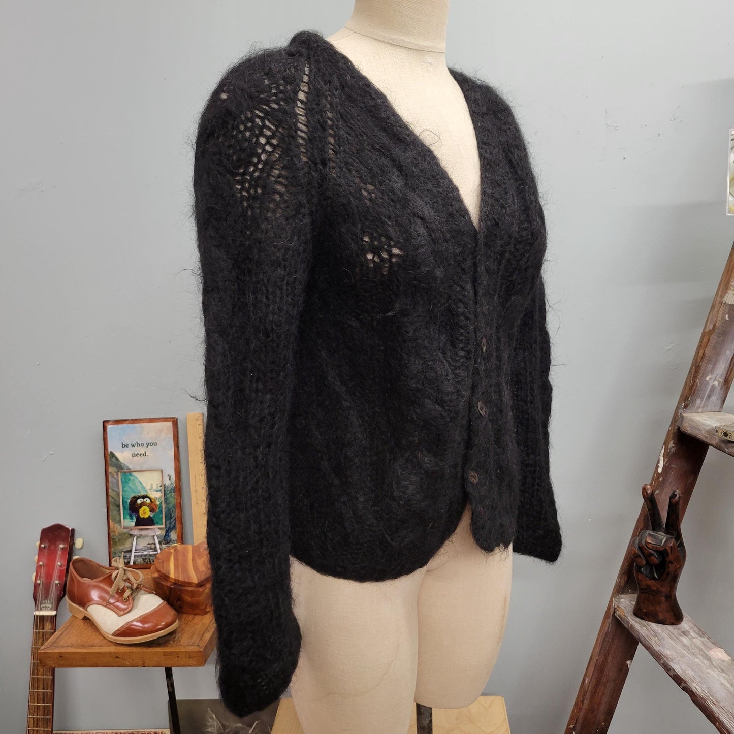 vtg 50s BLACK MOHAIR CARDIGAN // vintage knit sweater donaldsons golden rule medium cable knit chunky crochet shaggy button up fall sweater