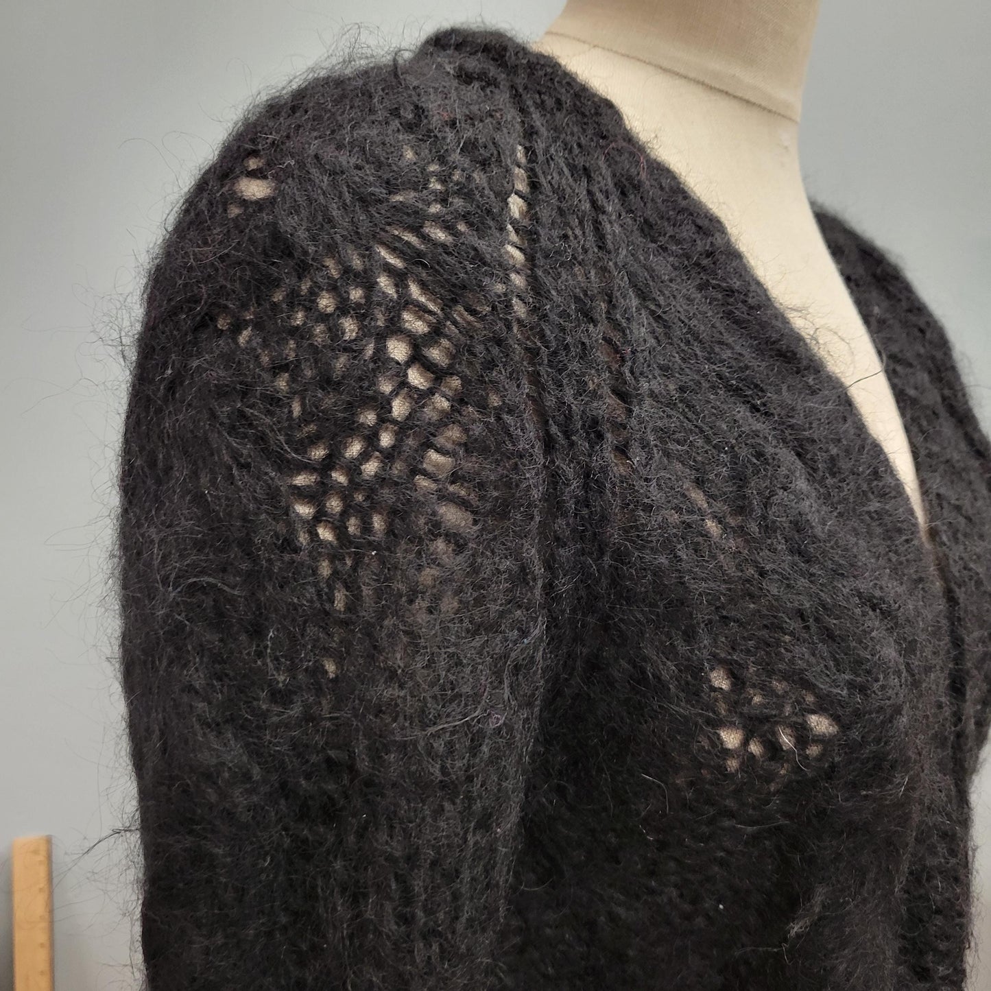 vtg 50s BLACK MOHAIR CARDIGAN // vintage knit sweater donaldsons golden rule medium cable knit chunky crochet shaggy button up fall sweater