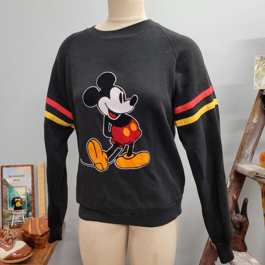 vtg 70s MICKEY MOUSE SWEATSHIRT // vintage disney crewneck large unisex retro black red yellow primary colors striped autumn casual style