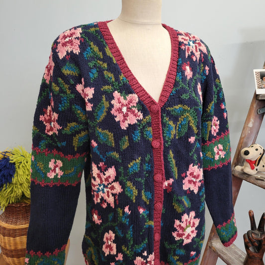 vtg 90s FLORAL EMBROIDERED CARDIGAN // vintage dbl sweater small oversized tapestry needlepoint vneck button up cardigan cottage cozy winter