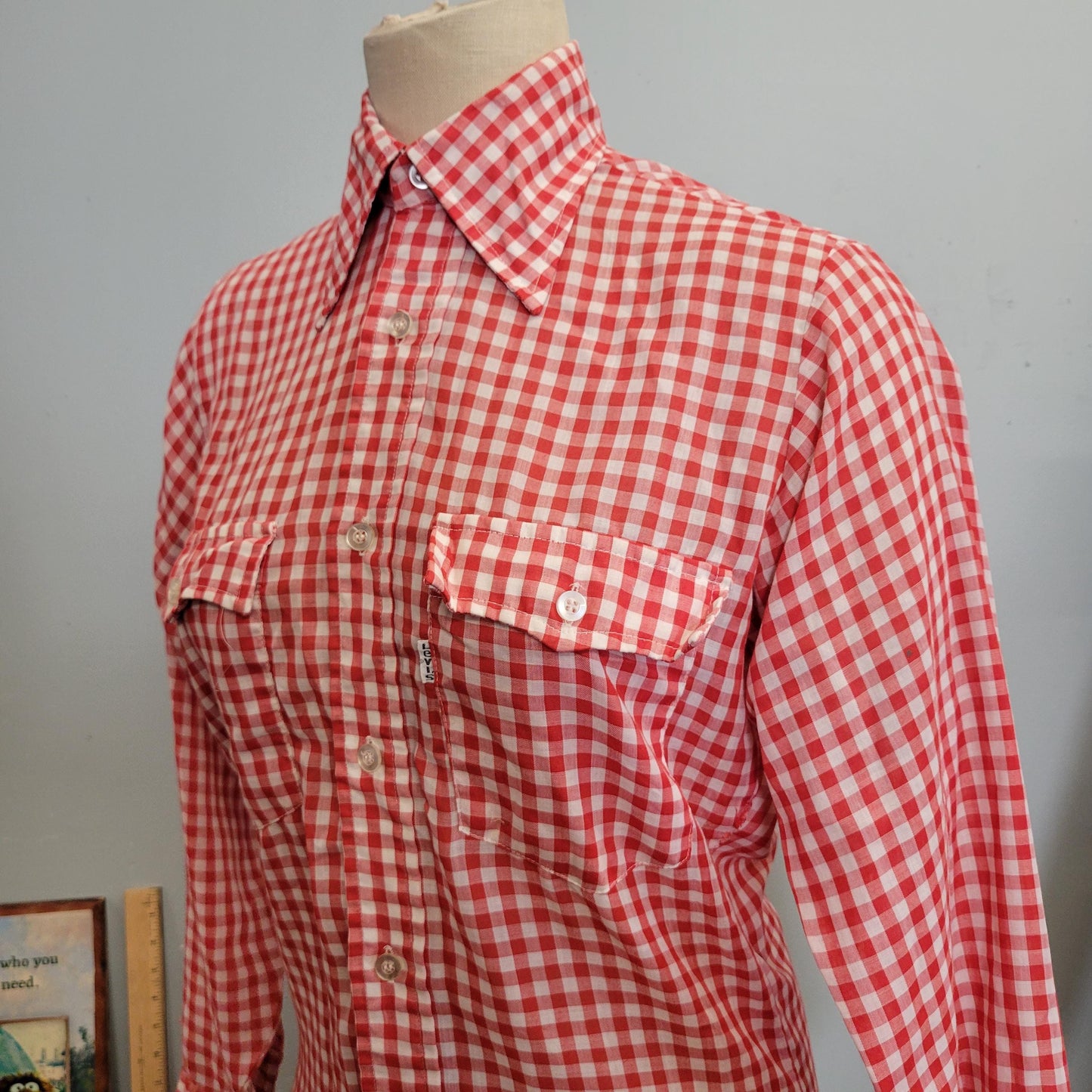 vtg 70s LEVIS GINHAM PLAID Shirt // vintage levi shirt small button down western hippie retro red plaid autumn fashion classic dress shirt