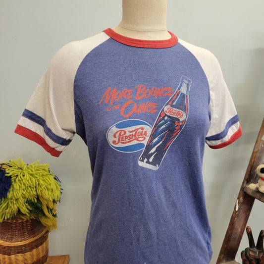 vtg 70s PEPSI COLA RINGER tee // vintage paper thin soft striped retro soda pop “more bounce to the ounce” funny slogan graphic t shirt