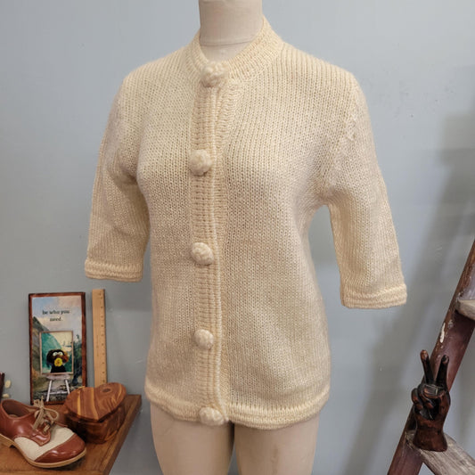 vtg 50s BUTTON MOHAIR CARDIGAN // vintage Selma milano big buttons long shaggy ivory knit oversized chunky knit winter sweater minimalist
