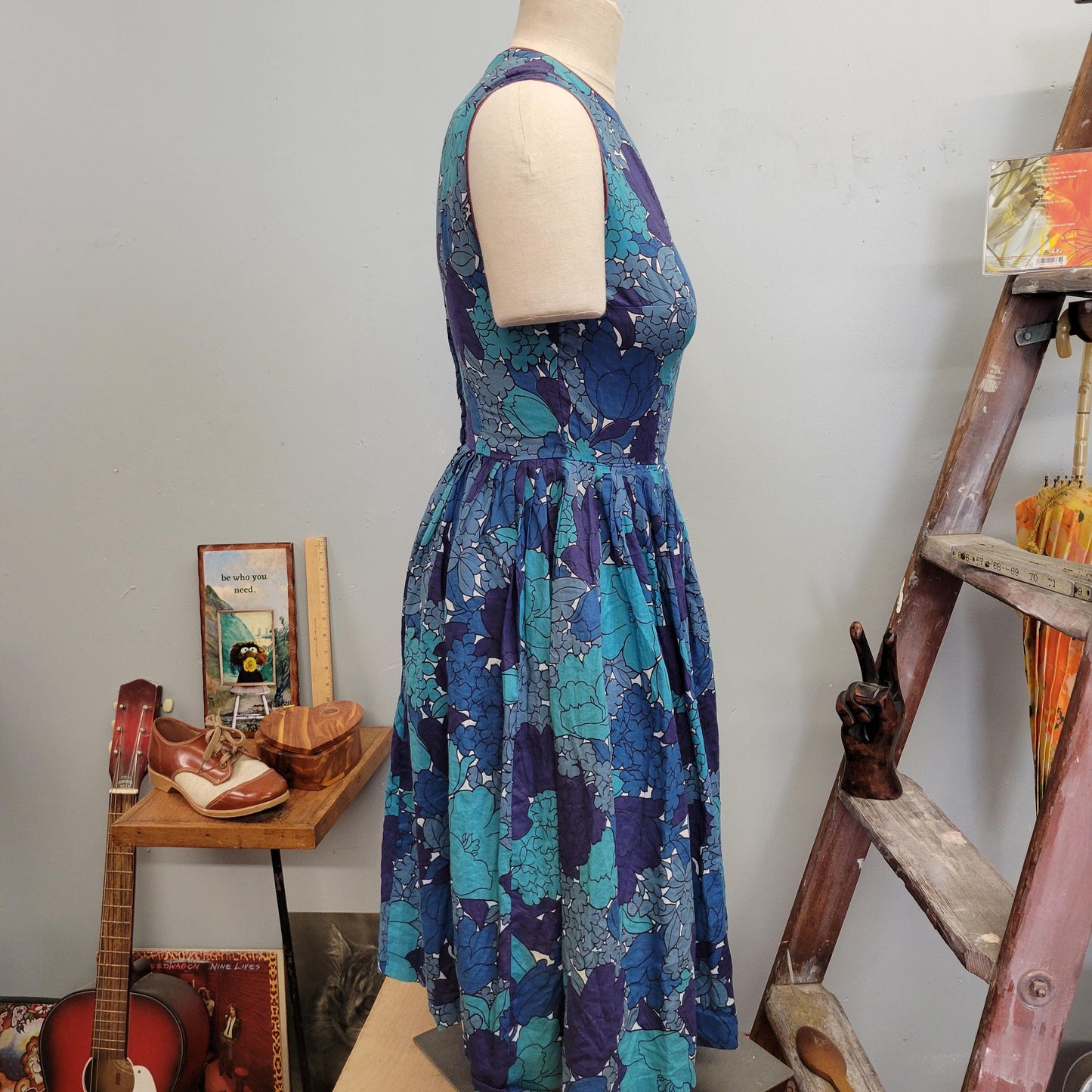 vtg 50s BLUE FLORAL DRESS // vintage tank midi dress