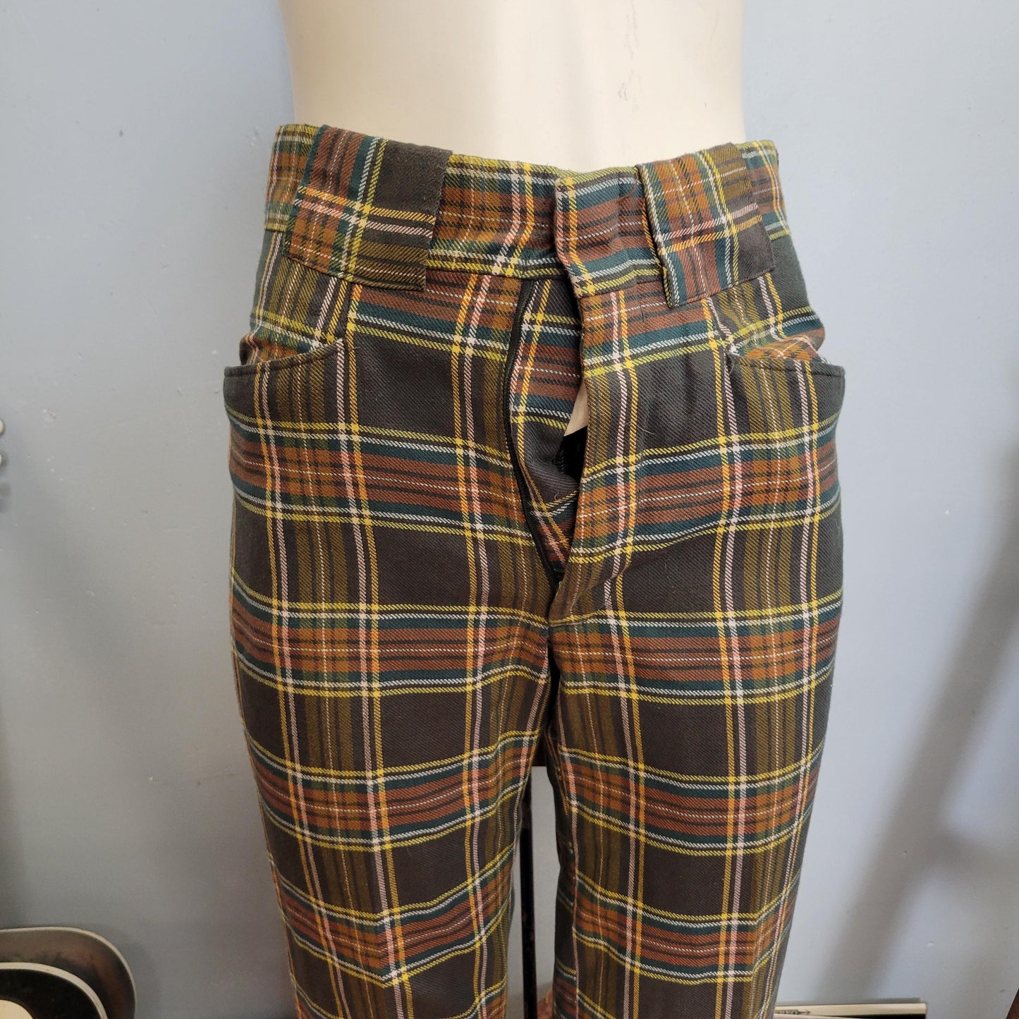 vtg 70s PLAID PANTS // * needs new zipper vintage glen oaks broomsticks mens 30 x 34 retro hippie mod preppy wide leg flares earth tone