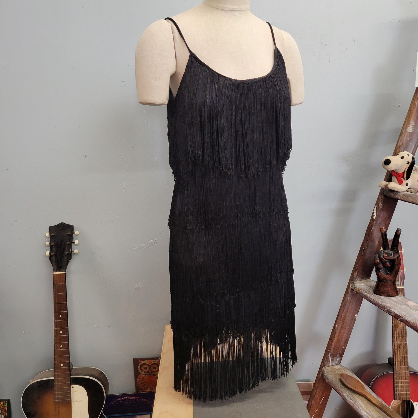 vtg BLACK FRINGE DRESS / vintage flapper style mini hw size 7/8 womens small shimmy black cocktail 1920s style holiday new years party dress
