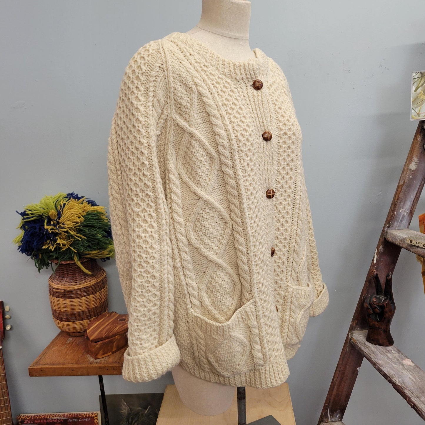 vtg 80s CABLE KNIT CARDIGAN // vintage xl wool sweater purple heather handknit ireland fisherman sweater thick chunky warm winter cottage