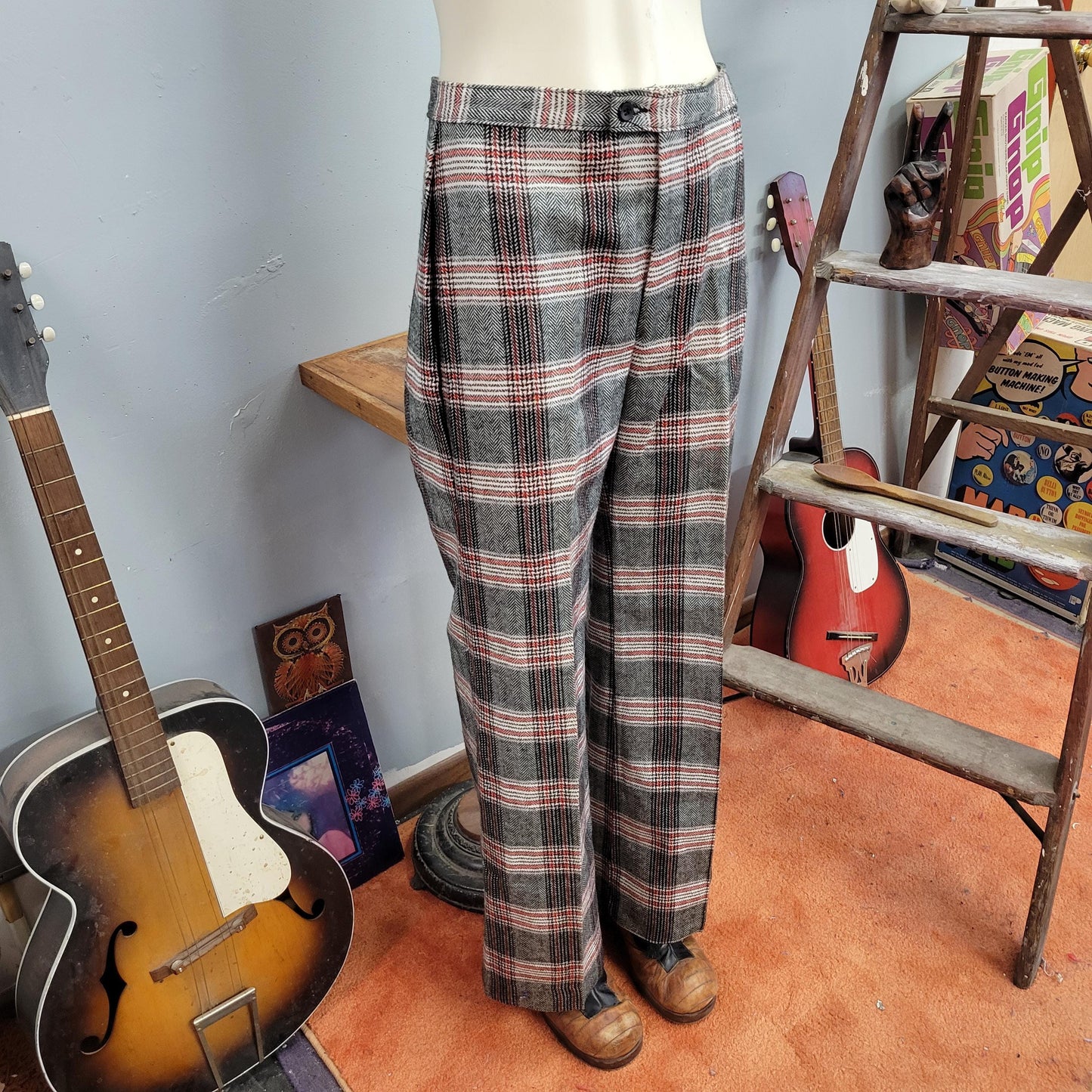 vtg 70s PLAID BELLS / vintage womens 27 monarch wide leg kick flares high waisted retro preppy autumn style winter fashion hippie boho pants