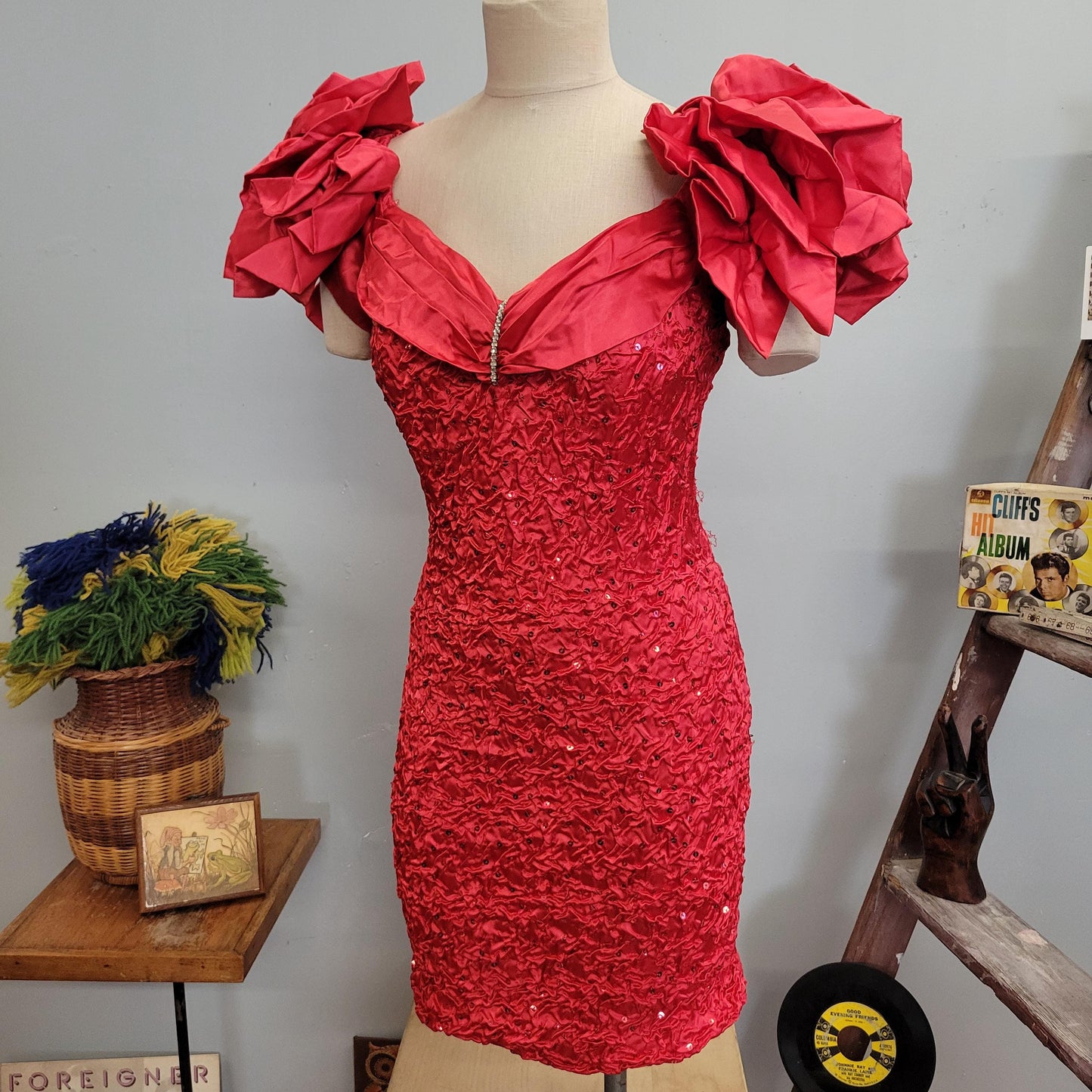 vtg 80s RED FORMAL DRESS // vintage zum zum 11/12 womens small big poofy sleeve fancy party statement piece sweetheart crinkly wiggle dress