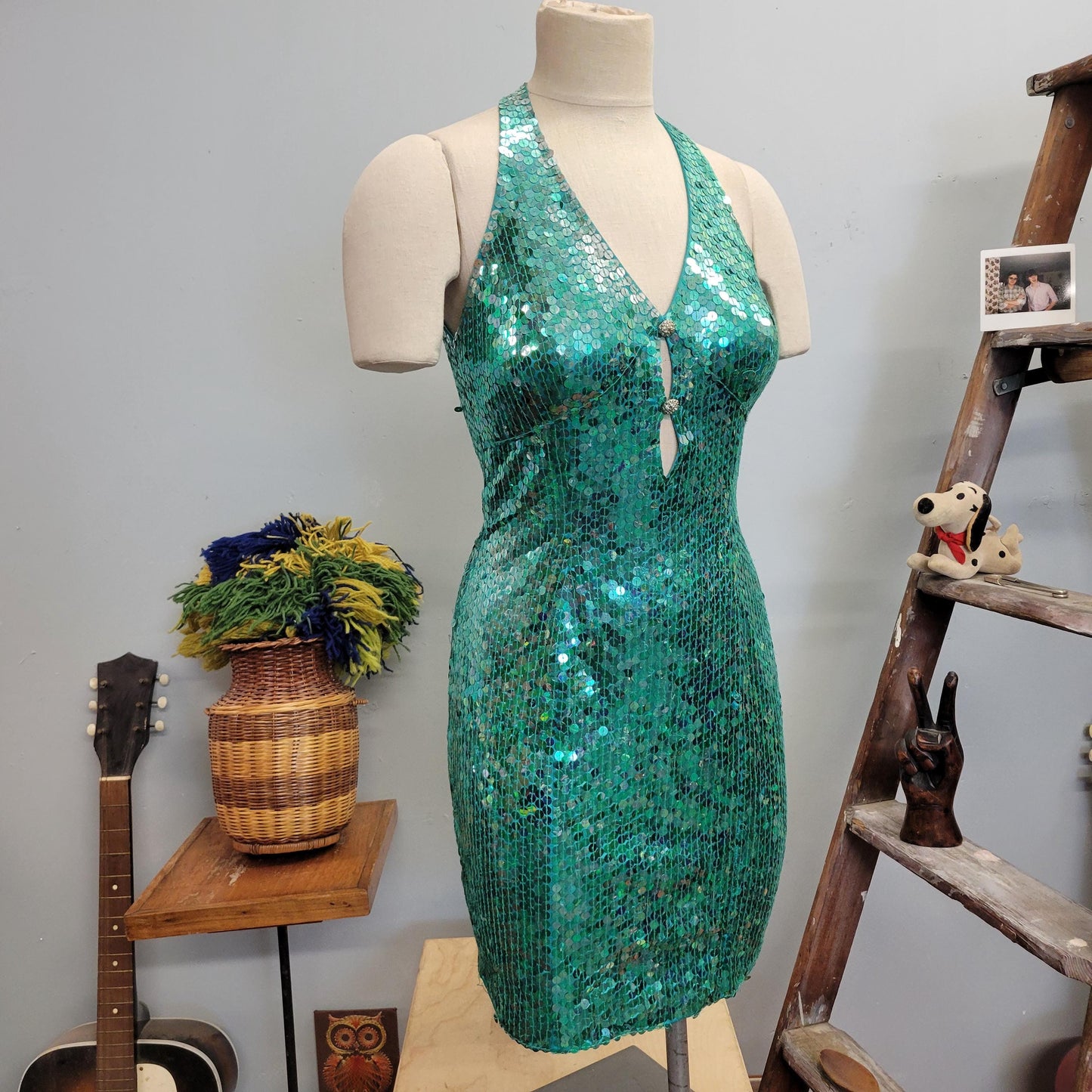 vtg 80s SEQUINED HALTER DRESS // vintage cut out mini cocktail holiday dress sexy deep vee plunge teal beaded new years prom wiggle low cut