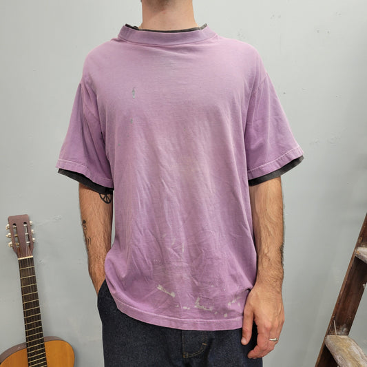 vtg 90s DISTRESSED OVERSIZED TSHIRT // true vintage basics two tone layered ringer lavender grey paint splatter large baggy  skater design