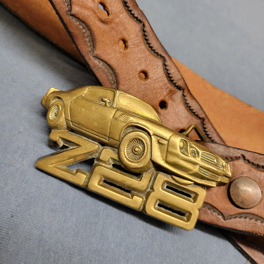 vtg 70s CAR BUCKLE & BELT // vintage Z28 Chevy 1979 solid brass baron buckle muscle car hand tooled leather belt size 32 retro western hot