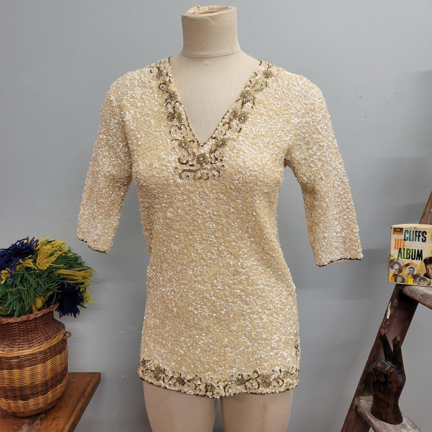 vtg 70s GENE SHELLY MINI Dress // vintage fully sequined gene shellys boutque internationale deep vee ivory tunic micro mini beaded blouse