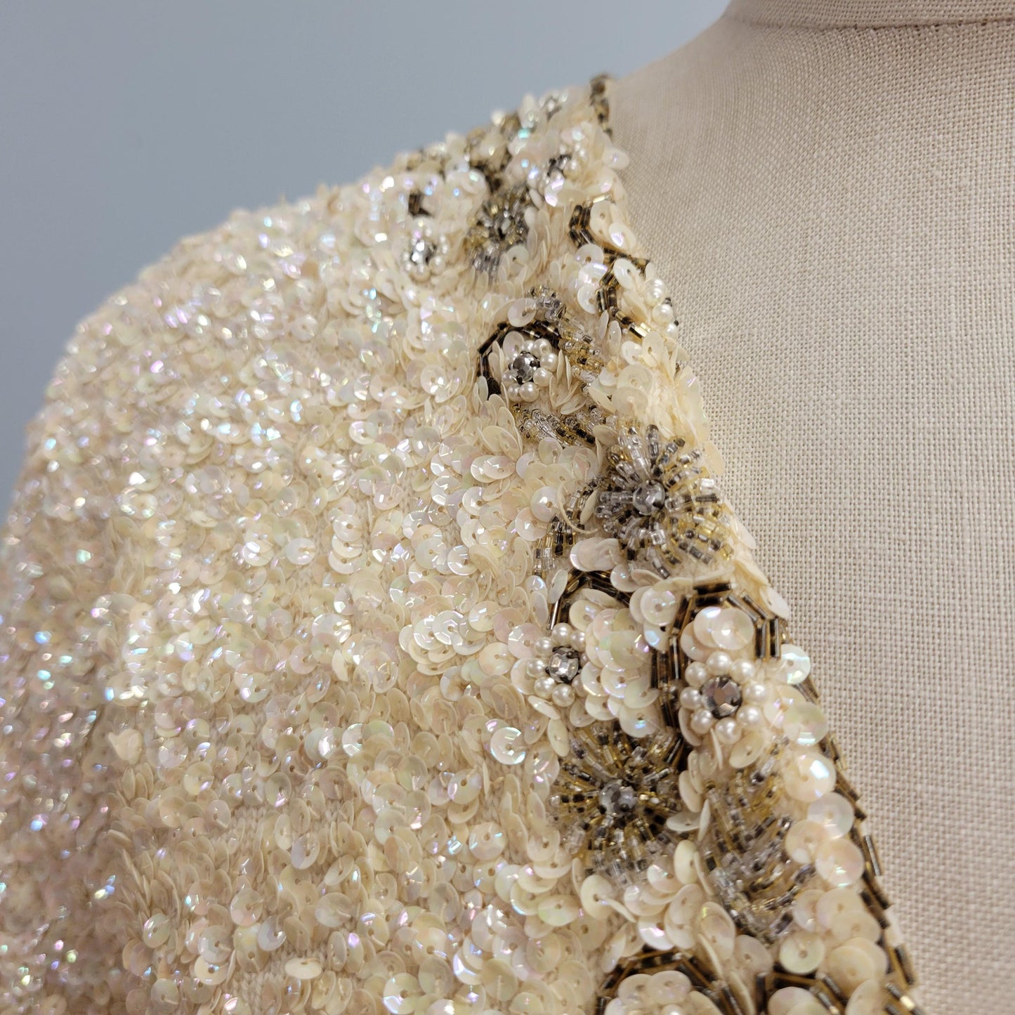 vtg 70s GENE SHELLY MINI Dress // vintage fully sequined gene shellys boutque internationale deep vee ivory tunic micro mini beaded blouse