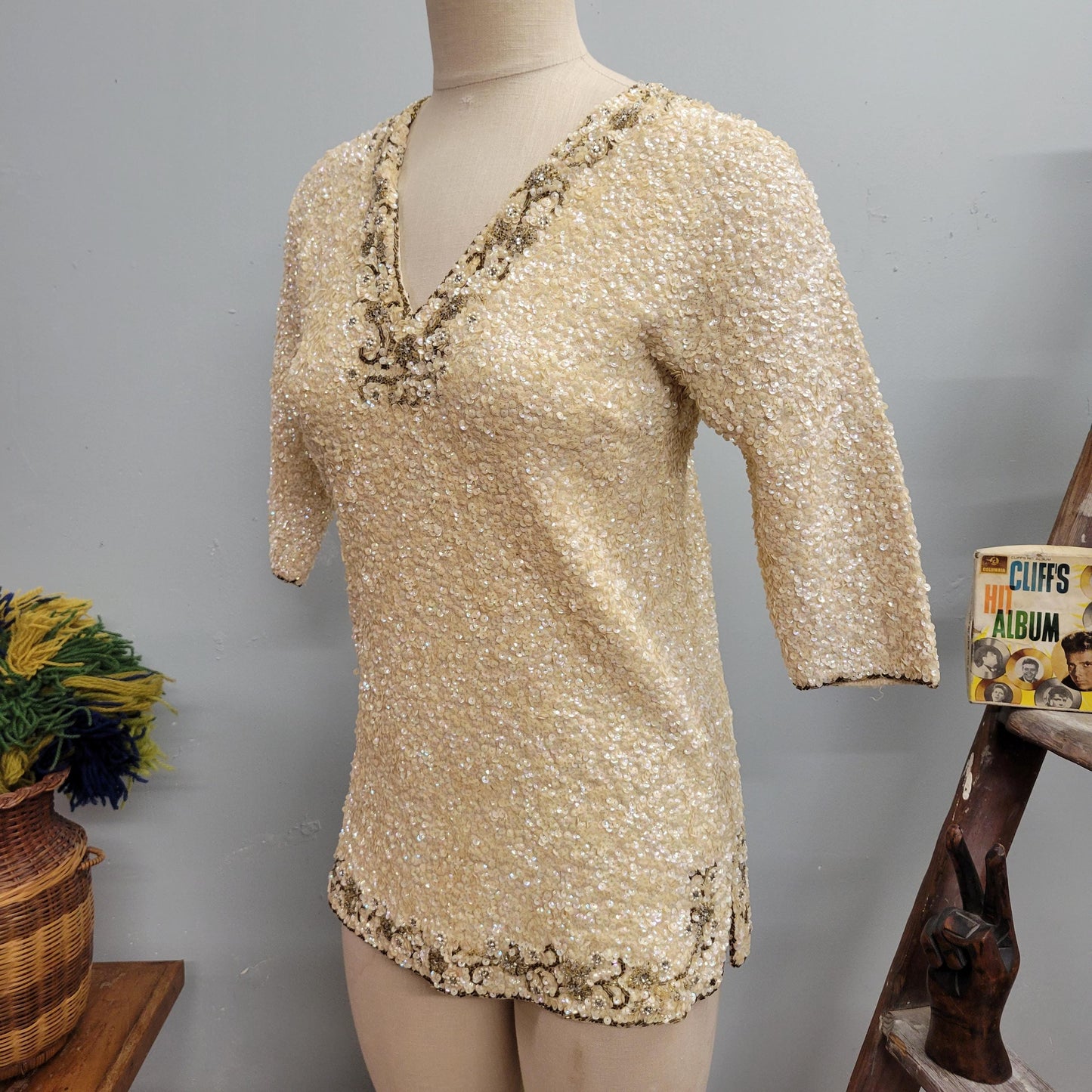 vtg 70s GENE SHELLY MINI Dress // vintage fully sequined gene shellys boutque internationale deep vee ivory tunic micro mini beaded blouse