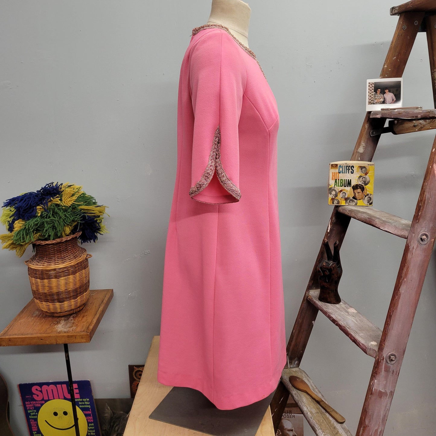 vtg 60s MOD PINK TINSEL Dress // vintage union made size 14 1/2 large beaded embellished tinsel trim barbie pink split flare sleeve keyhole