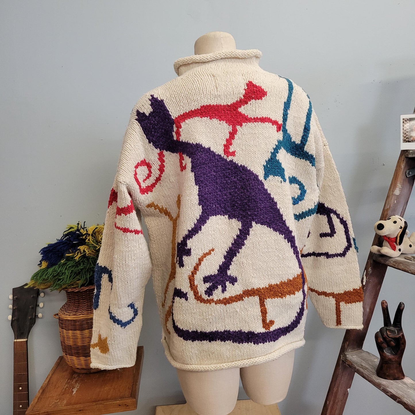 vtg 80s WOOL CAT SWEATER // vintage womens xl chunky knit slouchy funky all over print cat lover funnel neck oversized thick winter fashion