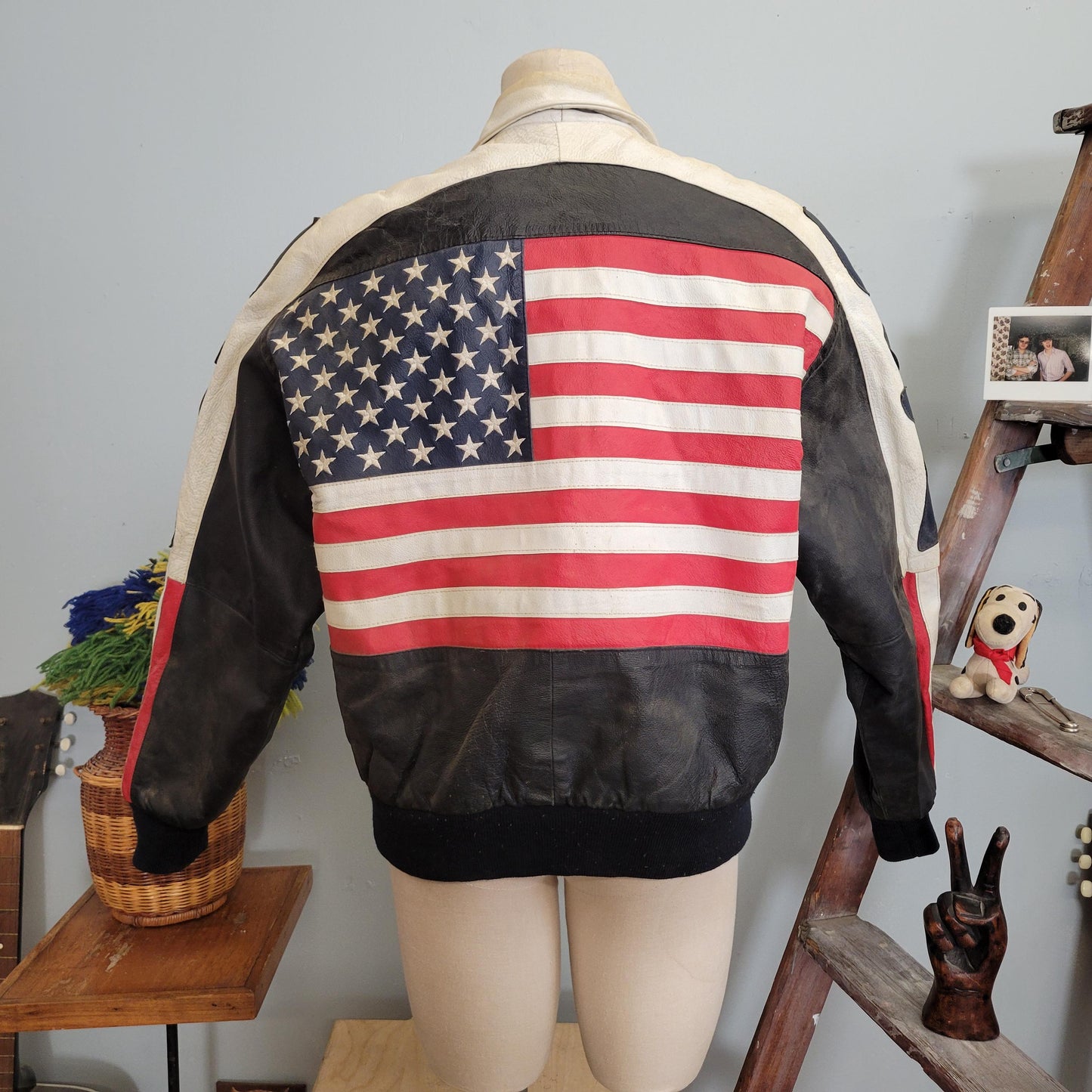 vtg 80s USA LEATHER JACKET // vintage michael hoban where mi north beach medium american bomber striped coat patriot flag pattern winter