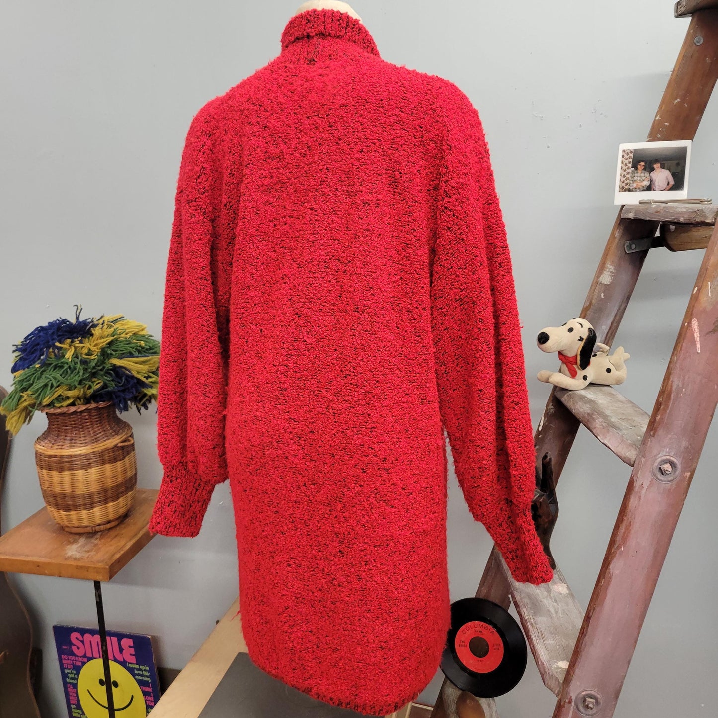 vtg 80s LONG KNIT CARDIGAN // vintage sideffects womens small oversized black red space dye shawl collar sweater jacket autumn winter coat