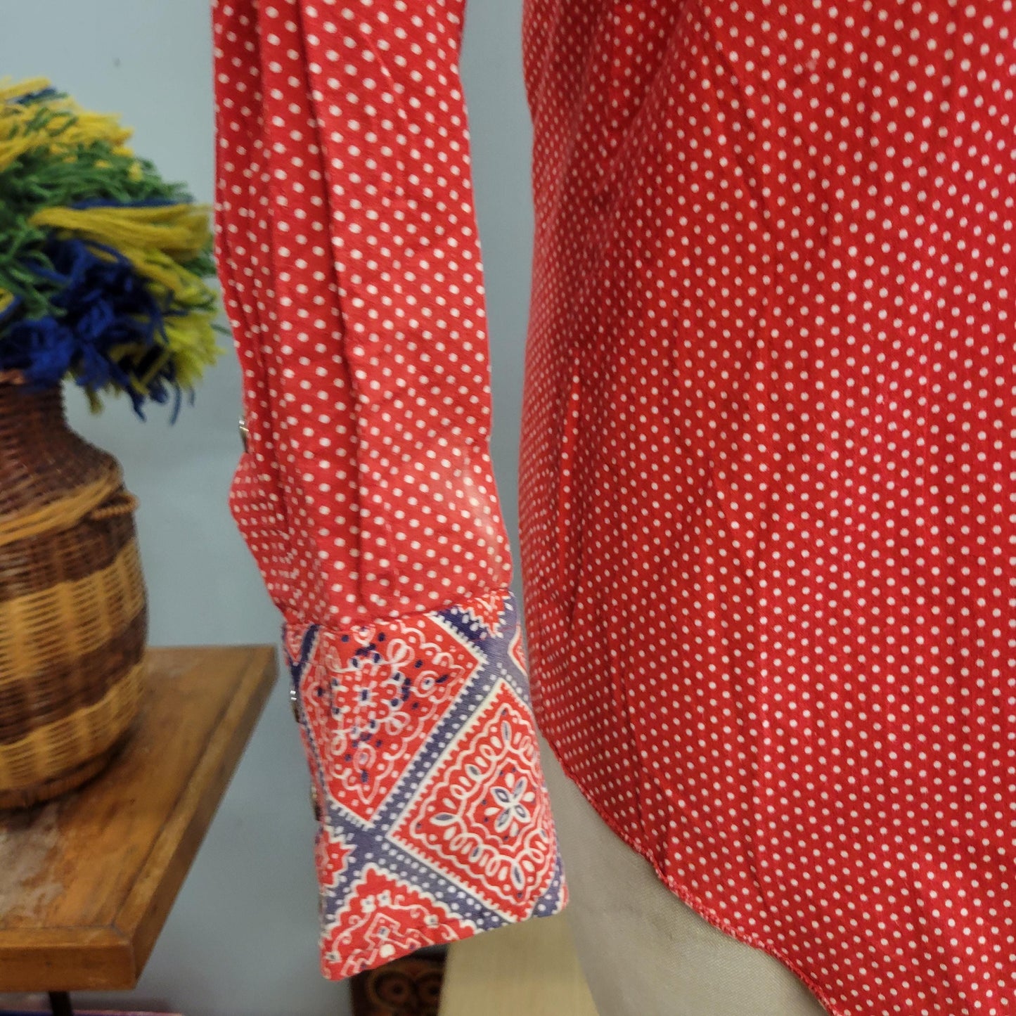 vtg 70s WESTERN BUTTON DOWN // vintage h bar c california ranchwear mens medium distressed bandana pattern hippie pearl snap cowboy rodeo