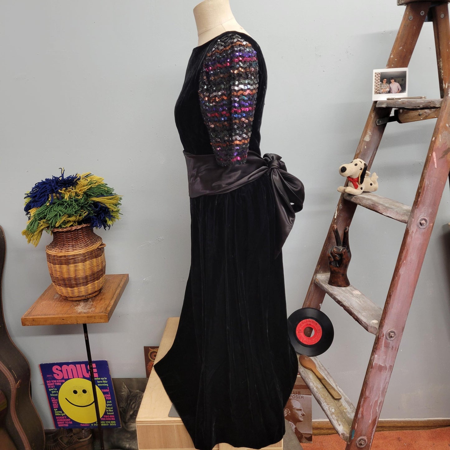 vtg 70s VELVET SEQUINED DRESS // vintage neiman marcus womens small rainbow beaded puff sleeve satin black velvet retro prom formal bow tie