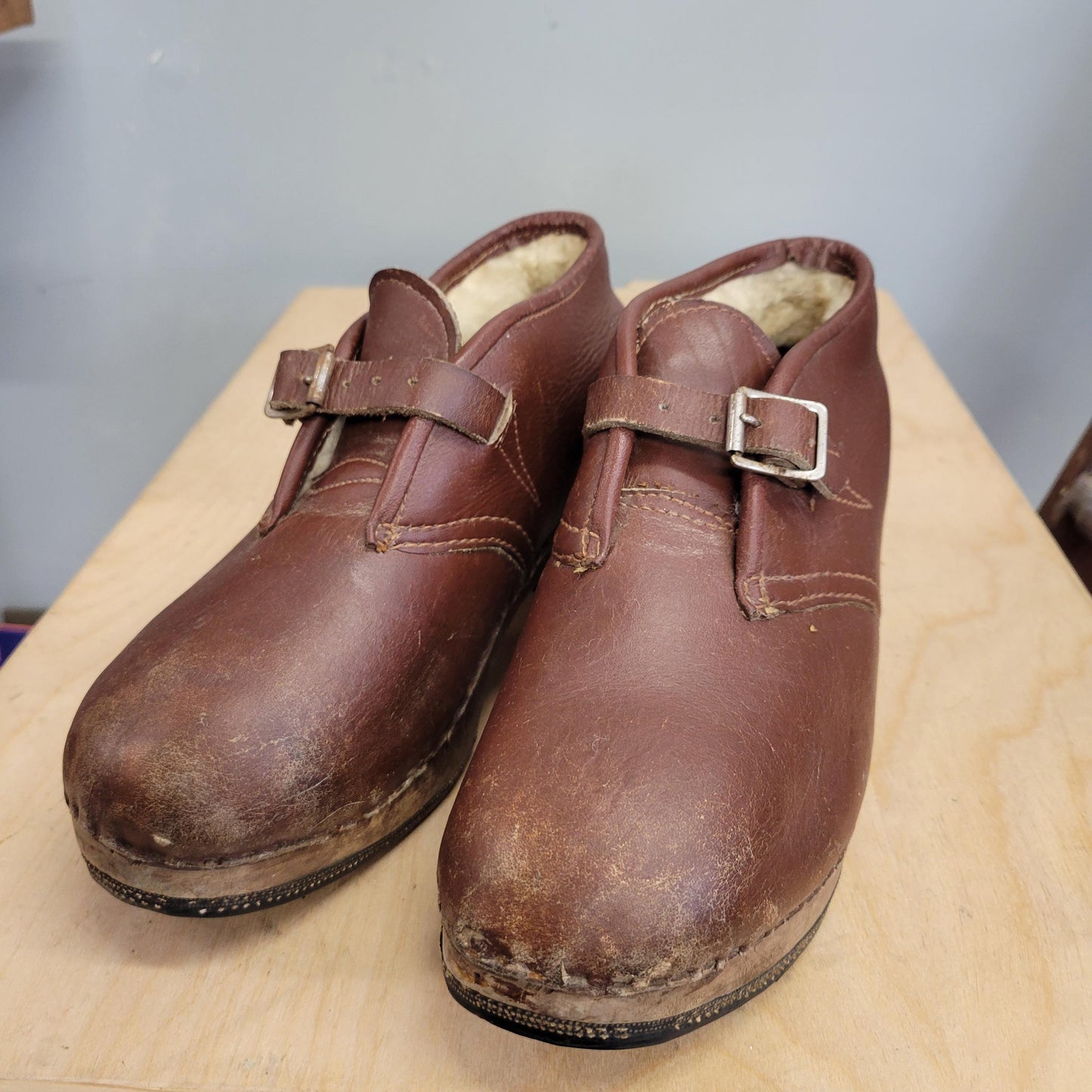 vtg 1940s LEATHER CLOG BOOTS // vintage sherpa lined 8.5 womens brown platform wooden heel chunky buckle boots round toe winter galoshes