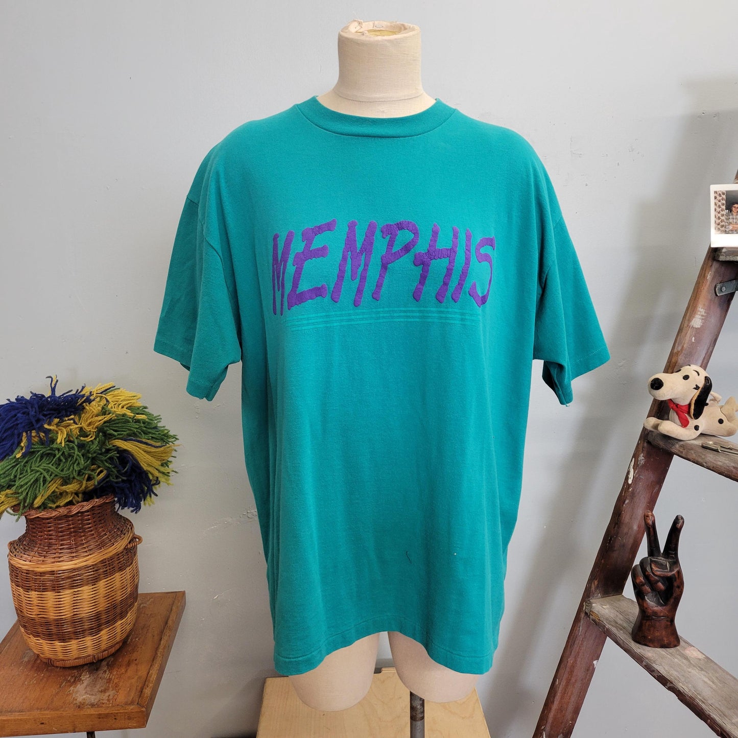vtg 80s MEMPHIS TSHIRT // vintage shirt hanes heavyweight XL unisex teal purple retro elvis single stitch puff paint 90s rock band baggy tee