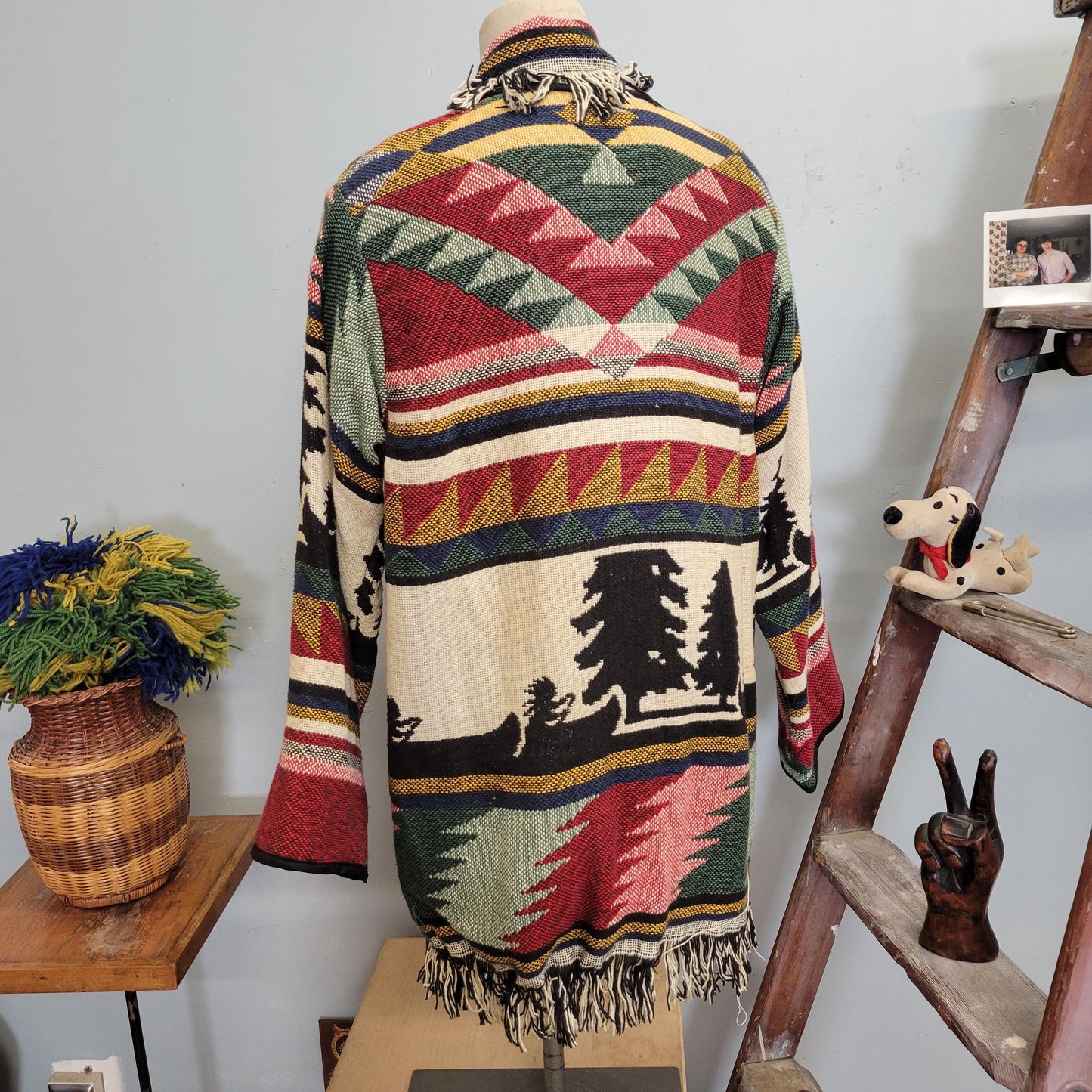 vtg 80s TAPESTRY FRINGE JACKET // vintage blanket jacket sweater womens xl southwestern boho 70s hippie retro metal conch cozy cottage aop