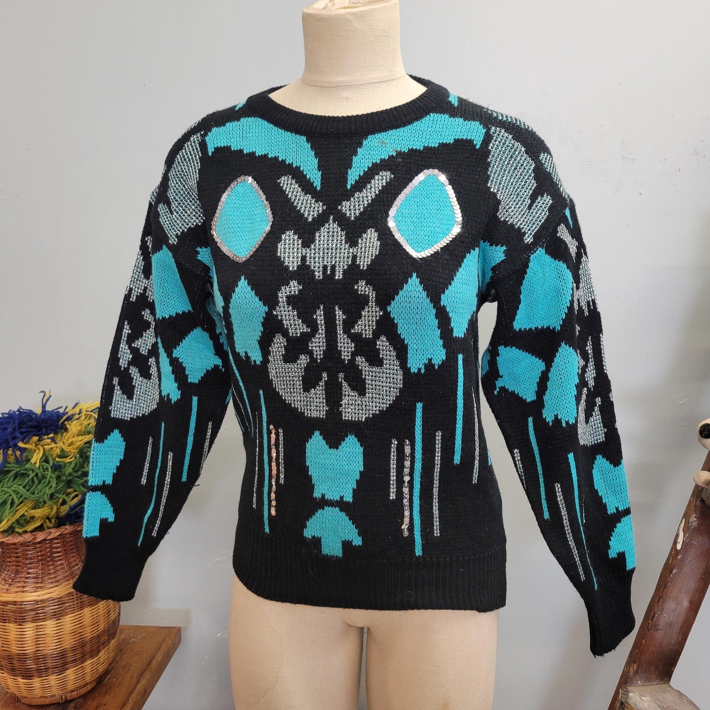 vtg 80s RORSCHACH TEST SWEATER / vintage adell barre medium womens turquoise silver lurex butterfly pattern bright funky two tone autumn top