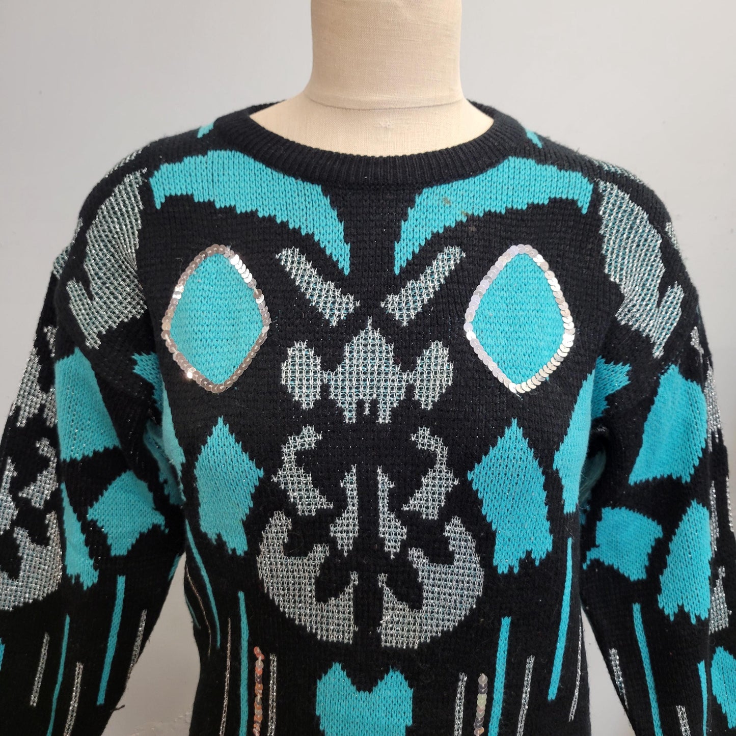 vtg 80s RORSCHACH TEST SWEATER / vintage adell barre medium womens turquoise silver lurex butterfly pattern bright funky two tone autumn top