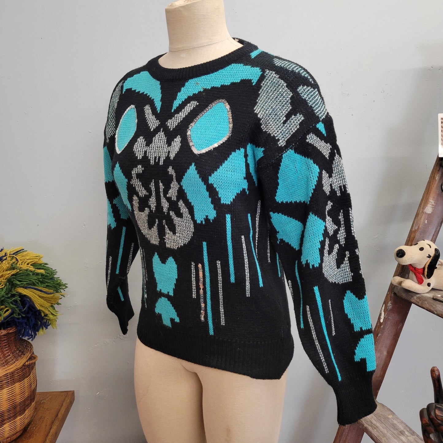 vtg 80s RORSCHACH TEST SWEATER / vintage adell barre medium womens turquoise silver lurex butterfly pattern bright funky two tone autumn top