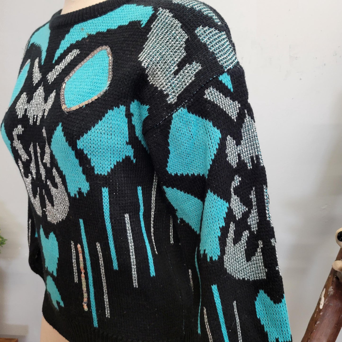 vtg 80s RORSCHACH TEST SWEATER / vintage adell barre medium womens turquoise silver lurex butterfly pattern bright funky two tone autumn top