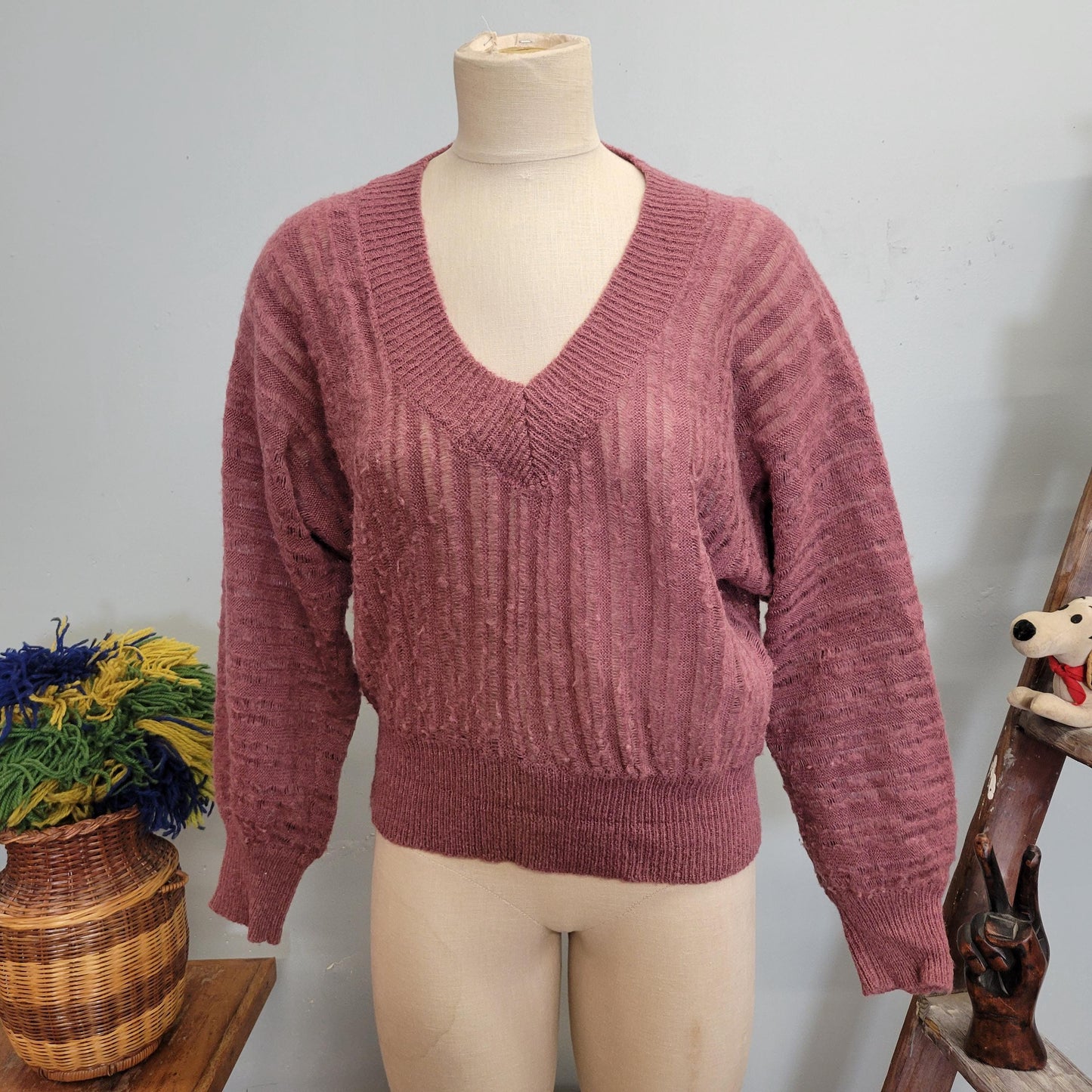 vtg 70s MAUVE KNIT SWEATER // vintage sweater teas medium womens v neck ribbed shaggy lightweight earth tones casual autumn winter style top