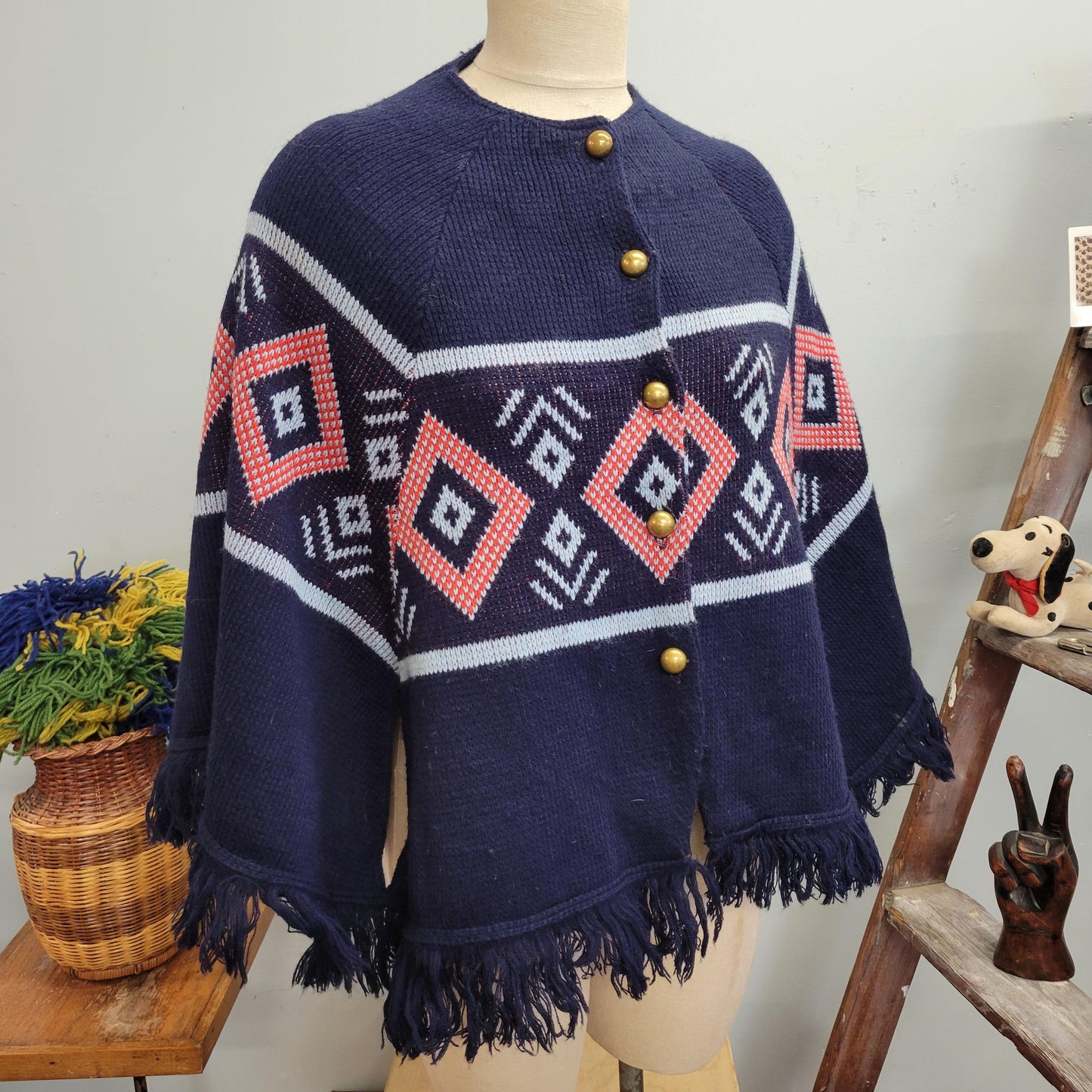 vtg 70s FRINGE PONCHO SWEATER // vintage abstract geometric pattern button up shaggy cape retro hippie mod autumn winter knit cardigan top