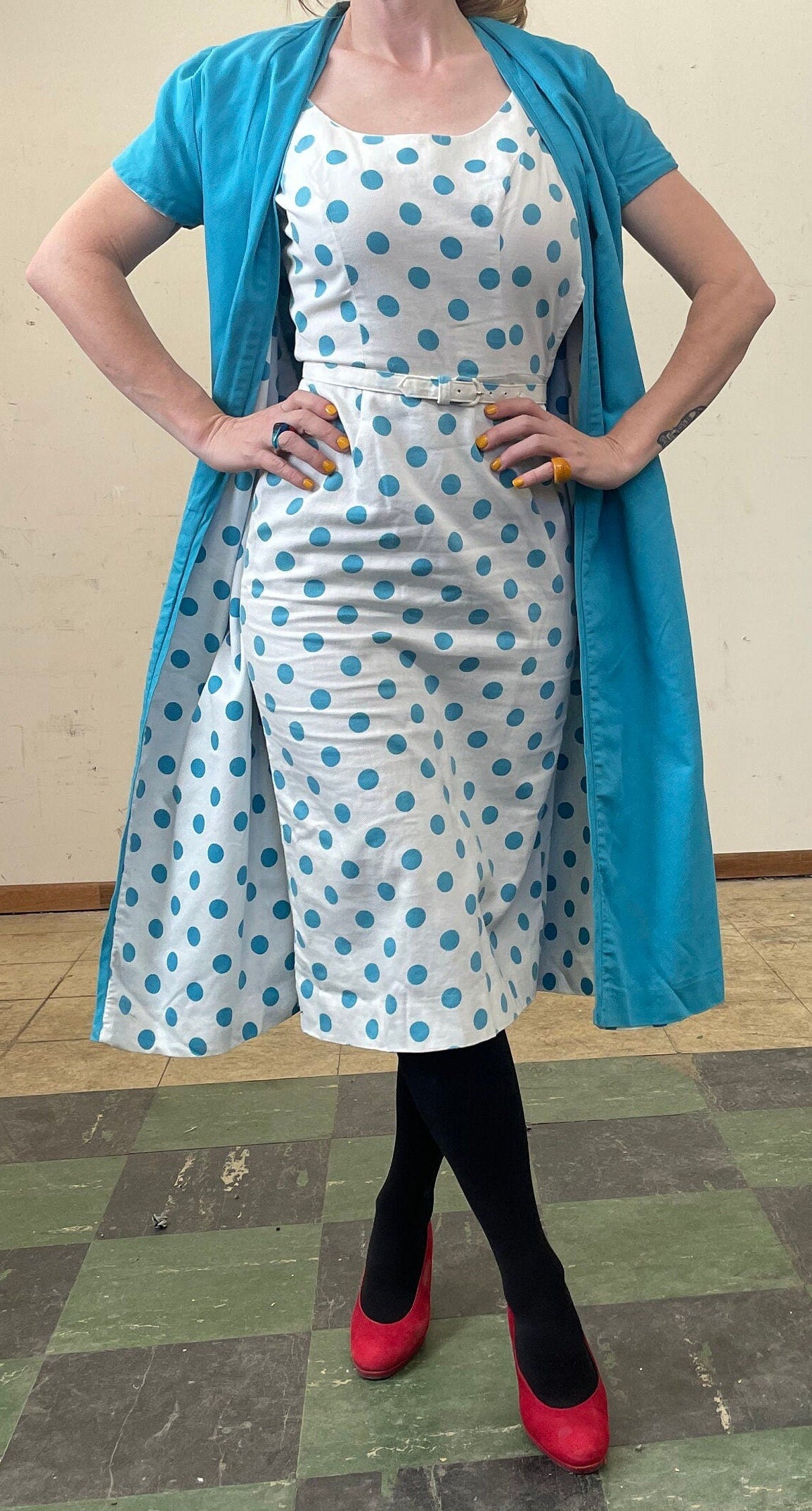 vtg 50s 2 PIECE POLKA DOT Dress Set // vintage linen Pat Hartley blue white geometric circle pattern scoop neck belted dress & long jacket