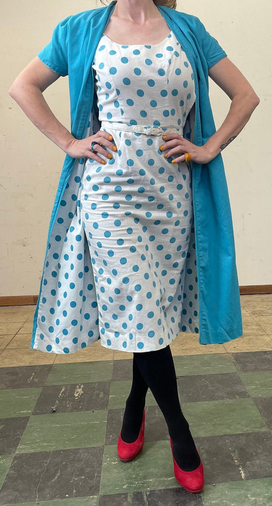 vtg 50s 2 PIECE POLKA DOT Dress Set // vintage linen Pat Hartley blue white geometric circle pattern scoop neck belted dress & long jacket