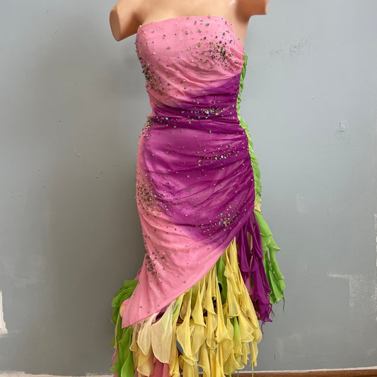 vtg Y2K OMBRE BEADED CHIFFON Dress // vintage womens xs pastel multicolored flowy ethereal gown carwash strands twirly party dress prom