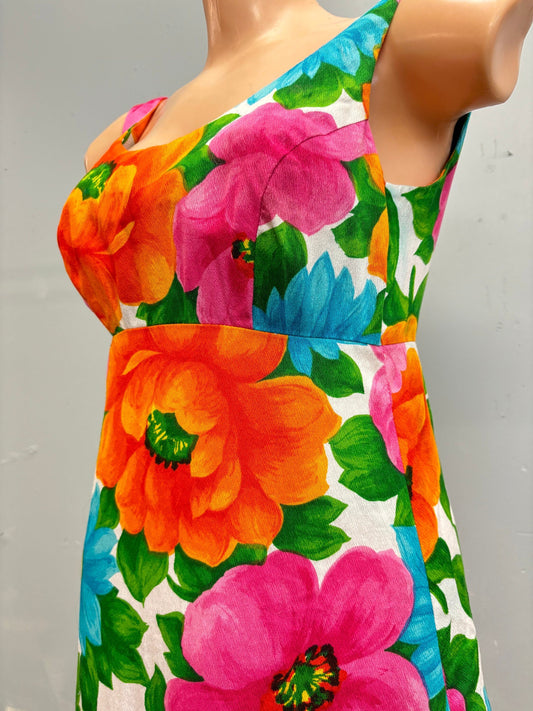 vtg 60s FLORAL RAYON MINI Dress / vintage Alice polynesian mini dress womens xs rayon crepe tank dress bright floral hawaiian barkcloth sexy