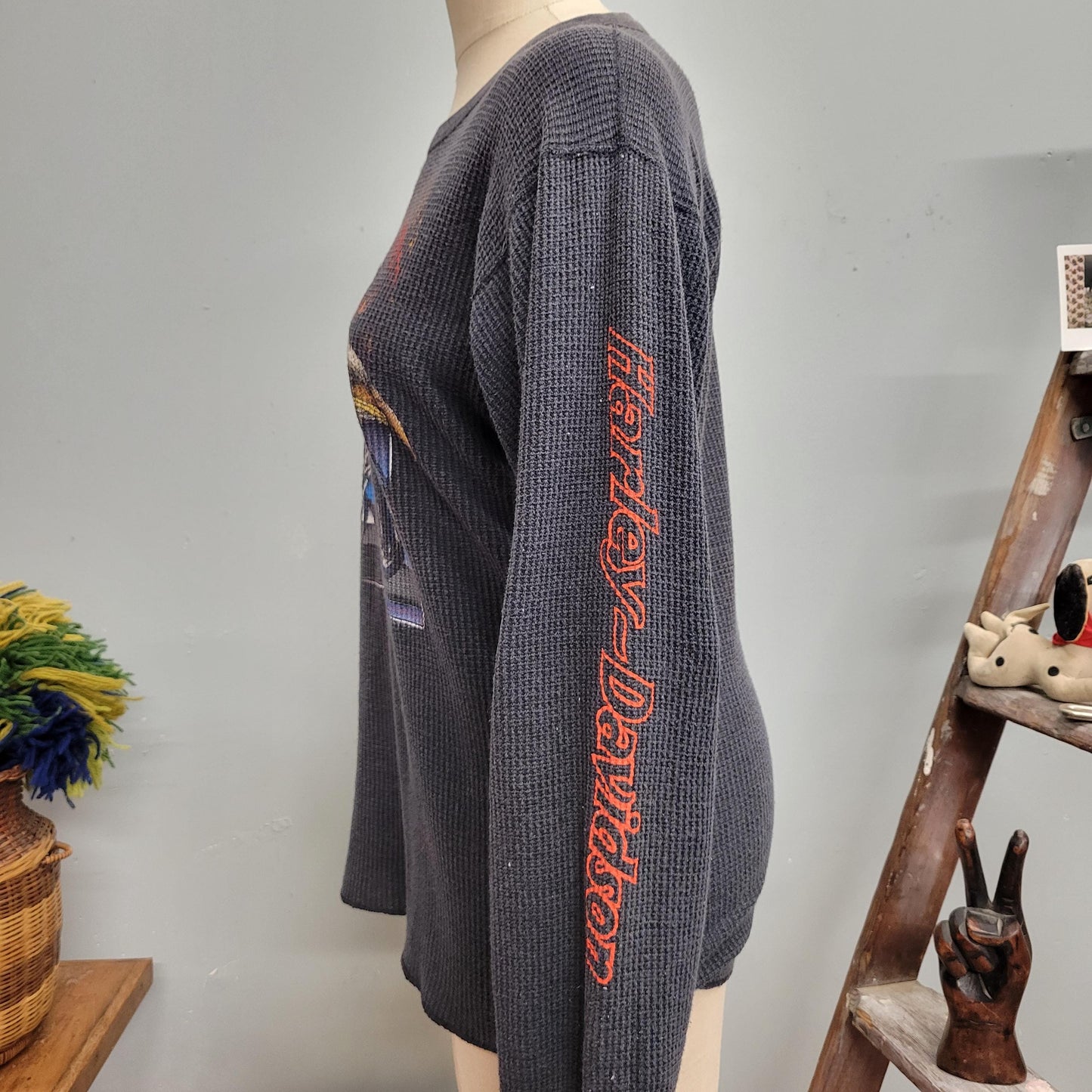 vtg 80s HARLEY DAVIDSON THERMAL top // vintage mens fashion thermal xl waffle weave 3d emblem biker soft winter eagle motorcycle graphic