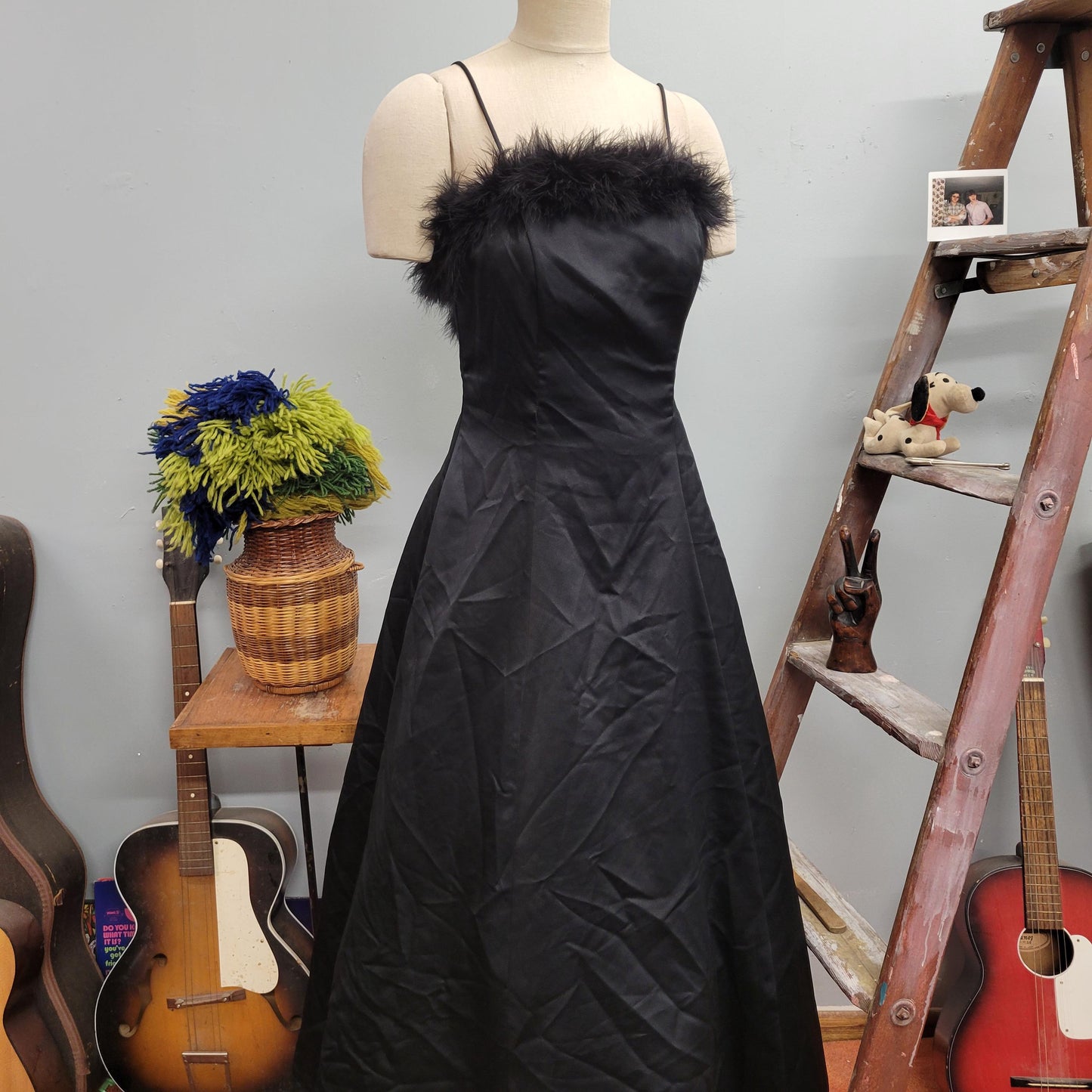 vtg 90s FEATHER TRIM BLACK Gown // vintage steppin out dress size 11/12 gothic inly black boa lined full length new years cocktail party hot