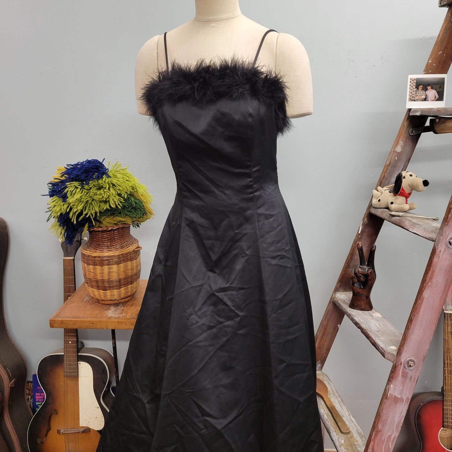 vtg 90s FEATHER TRIM BLACK Gown // vintage steppin out dress size 11/12 gothic inly black boa lined full length new years cocktail party hot