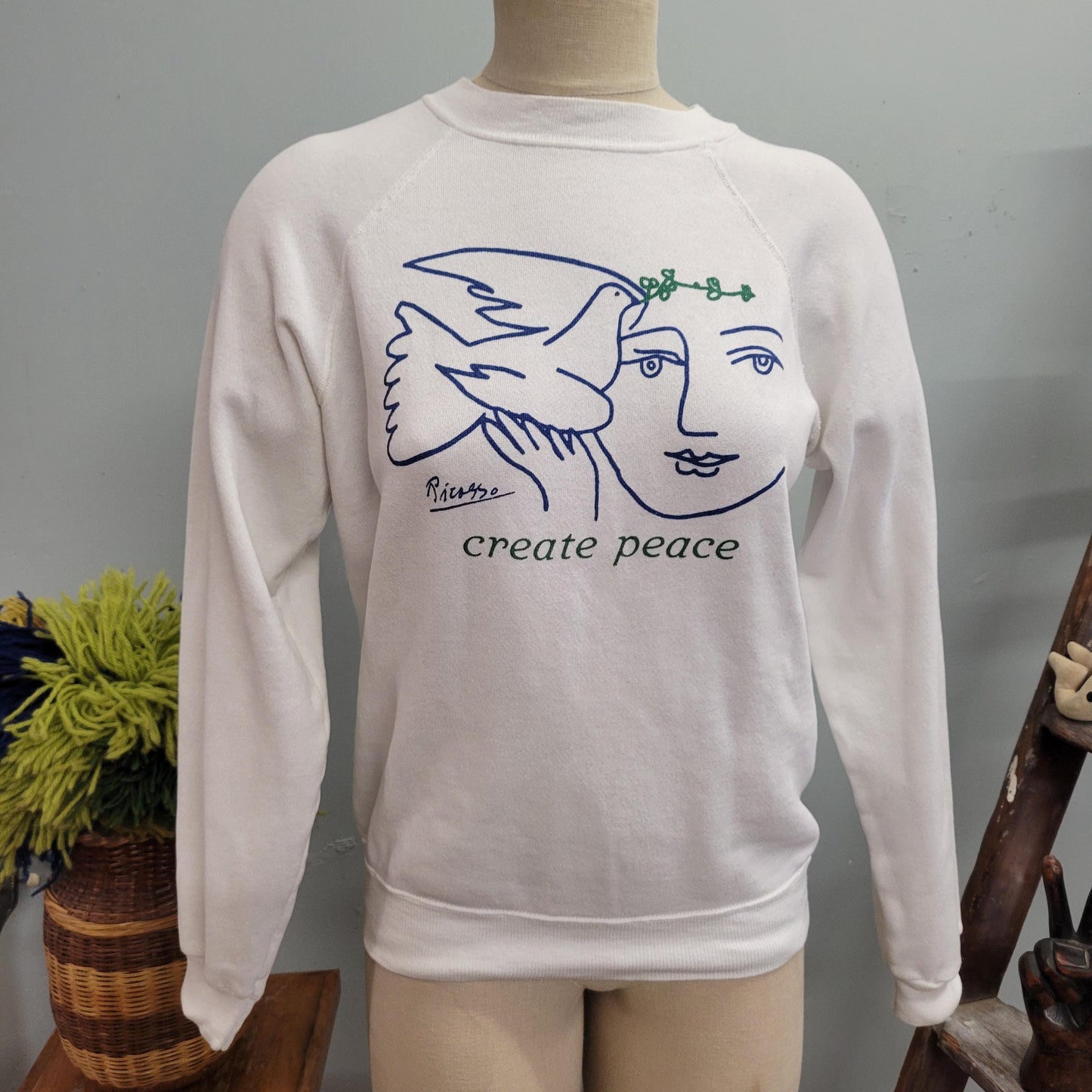 vtg 80s PICASSO PEACE SWEATSHIRT // vintage hanes crewneck medium unisex create peace crew neck white winter olive branch dove love xmas